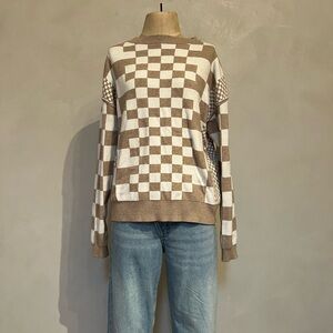 Checkered Knit Sweater - Brown and Cream